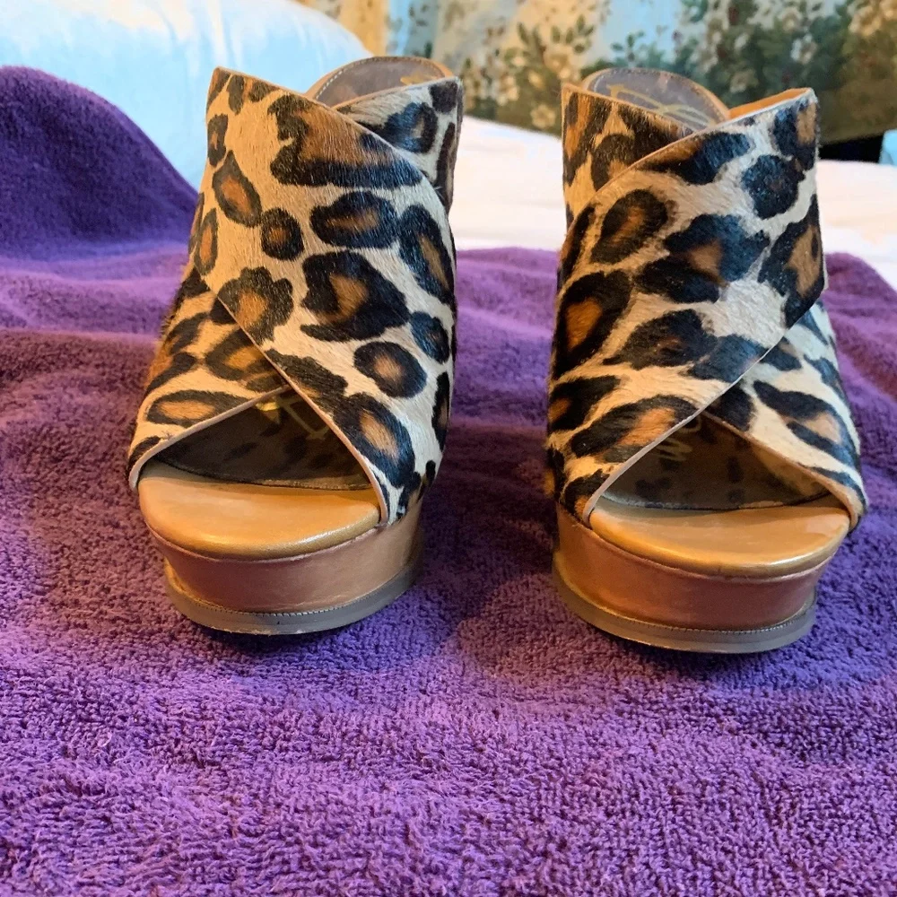 Sam Edelman Leopard/Tan Leather Animal Hair High Wedge Sandals sz 9 M